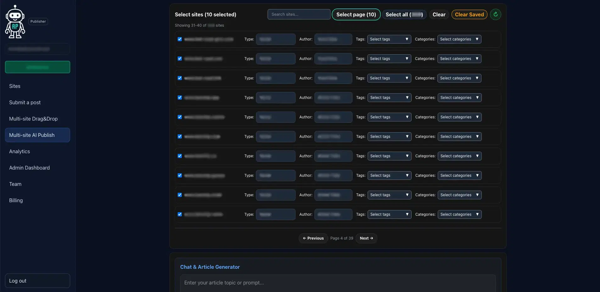 Auto-Publisher dashboard showing hundreds of WordPress domains selected in a single bulk publish job